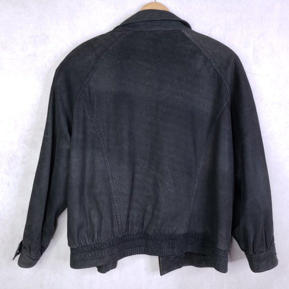 Vtg Luis Alvear "Brass Plum" Womens L Black Leather Bomber Jacket Full Zip Front - Picture 2 of 9